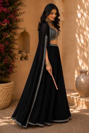 Shop_Monk & Mei By Sonia Anand_Black Georgette V-neck Zehra Embroidered Cape Lehenga Set _at_Aza_Fashions