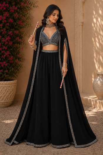 Buy_Monk & Mei By Sonia Anand_Black Georgette V-neck Zehra Embroidered Cape Lehenga Set _at_Aza_Fashions