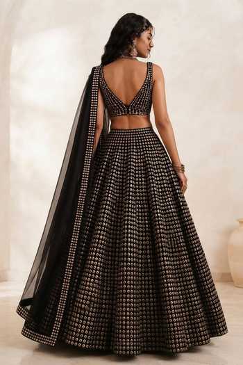 Shop_Monk & Mei By Sonia Anand_Black Georgette, Shantoon V-neck Gulzaar Emboridered Lehenga Set _at_Aza_Fashions