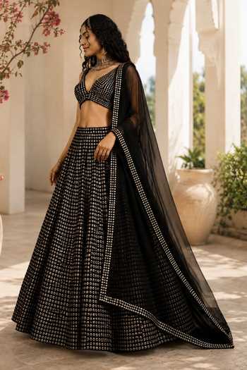 Buy_Monk & Mei By Sonia Anand_Black Georgette, Shantoon V-neck Gulzaar Emboridered Lehenga Set _Online_at_Aza_Fashions