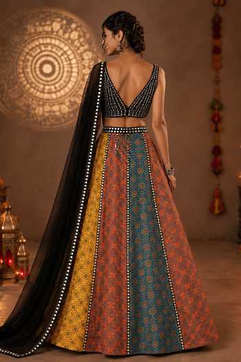 Shop_Monk & Mei By Sonia Anand_Black Georgette V-neck Rangnoor Embroidered Lehenga Set _at_Aza_Fashions
