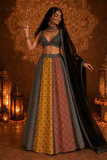 Buy_Monk & Mei By Sonia Anand_Black Georgette V-neck Rangnoor Embroidered Lehenga Set _at_Aza_Fashions