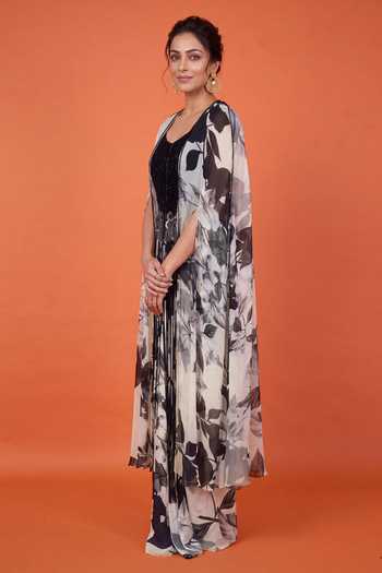 Shop_Nupur Kanoi_Off White Chiffon, Satin, Crepe Printed Slit Cape With Front Knot Skirt Set _at_Aza_Fashions