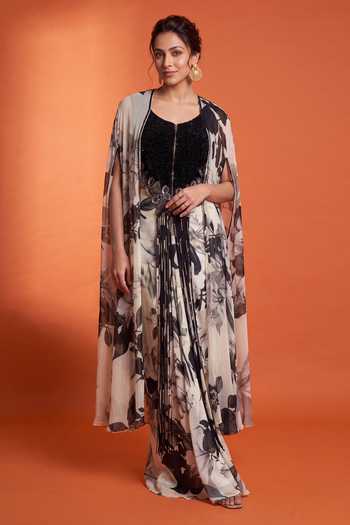 Buy_Nupur Kanoi_Off White Chiffon, Satin, Crepe Printed Slit Cape With Front Knot Skirt Set _at_Aza_Fashions