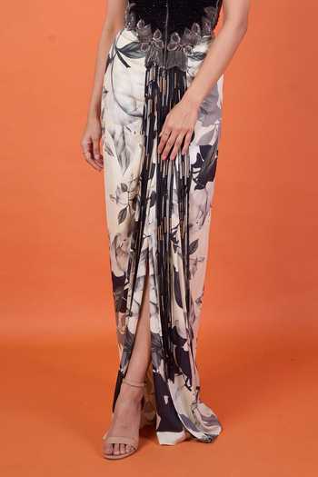 Nupur Kanoi_Off White Chiffon, Satin, Crepe Printed Slit Cape With Front Knot Skirt Set _Online_at_Aza_Fashions
