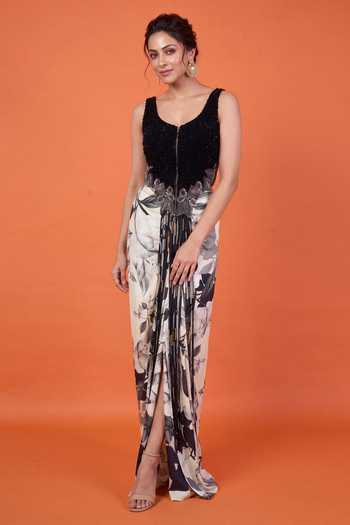 Buy_Nupur Kanoi_Off White Chiffon, Satin, Crepe Printed Slit Cape With Front Knot Skirt Set _Online_at_Aza_Fashions