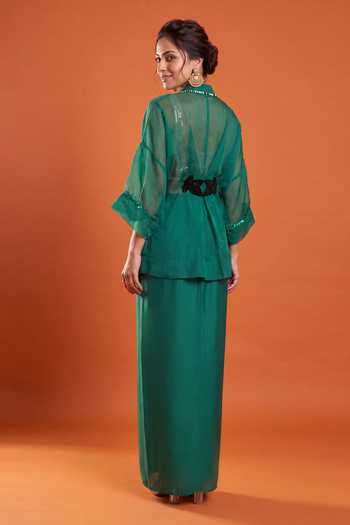 Shop_Nupur Kanoi_Green Crepe, Satin, Lycra, Organza Scoop Neck, Peplum Cape With Draped Dress _at_Aza_Fashions