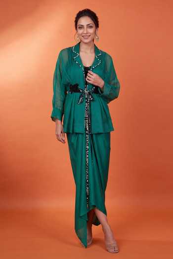 Nupur Kanoi_Green Crepe, Satin, Lycra, Organza Scoop Neck, Peplum Cape With Draped Dress _Online_at_Aza_Fashions