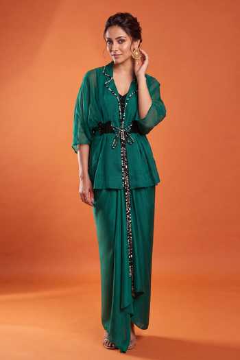 Buy_Nupur Kanoi_Green Crepe, Satin, Lycra, Organza Scoop Neck, Peplum Cape With Draped Dress _Online_at_Aza_Fashions