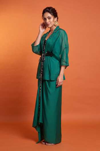 Shop_Nupur Kanoi_Green Crepe, Satin, Lycra, Organza Scoop Neck, Peplum Cape With Draped Dress _Online_at_Aza_Fashions