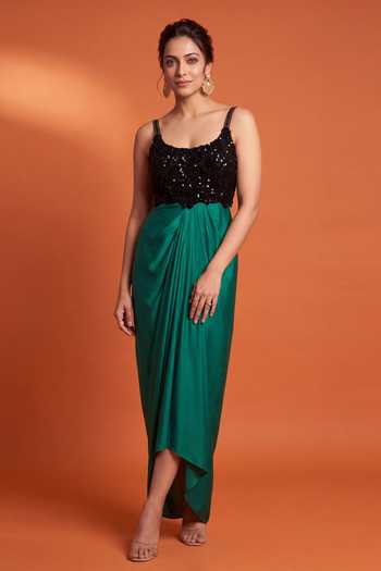Nupur Kanoi_Green Crepe, Satin, Lycra, Organza Scoop Neck, Peplum Cape With Draped Dress _at_Aza_Fashions