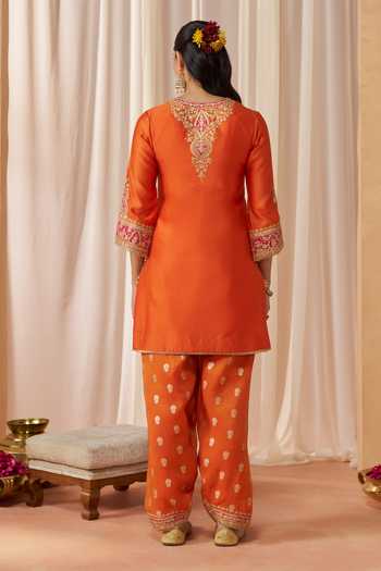 Shop_Sheetal Batra_Orange Silk, Chanderi, Banarasi Split V-neck Adeela Kurta Set _at_Aza_Fashions