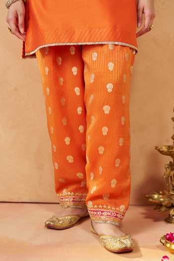 Buy_Sheetal Batra_Orange Silk, Chanderi, Banarasi Split V-neck Adeela Kurta Set _Online_at_Aza_Fashions