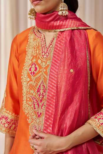 Sheetal Batra_Orange Silk, Chanderi, Banarasi Split V-neck Adeela Kurta Set _at_Aza_Fashions