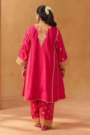 Shop_Sheetal Batra_Pink Silk, Chanderi Split V-neck Maahgul Embroidered Kurta Set _at_Aza_Fashions
