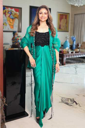 Buy_Nupur Kanoi_Green Crepe, Satin, Lycra, Organza Scoop Neck, Peplum Cape With Draped Dress _at_Aza_Fashions
