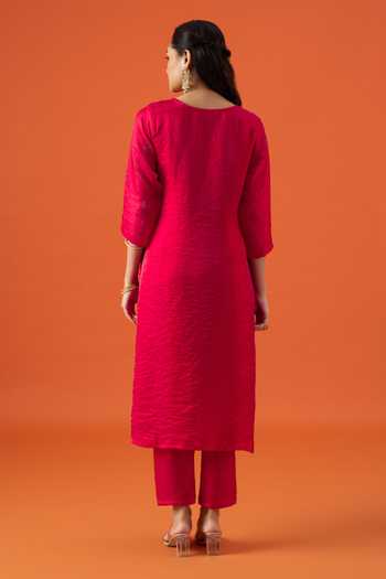 Khwaab By Sanjana Lakhani_Fuchsia Silk, Satin Hand Embroidered Straight Kurta Set _Online_at_Aza_Fashions