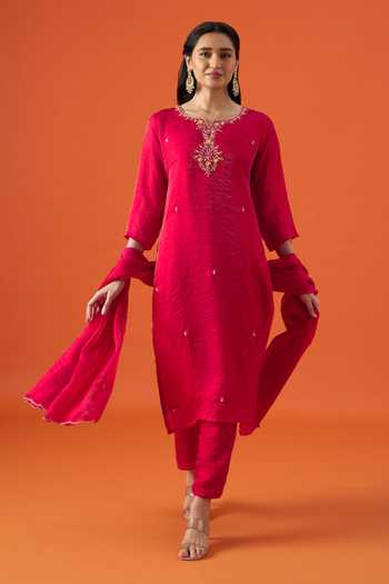 Shop_Khwaab By Sanjana Lakhani_Fuchsia Silk, Satin Hand Embroidered Straight Kurta Set _Online_at_Aza_Fashions