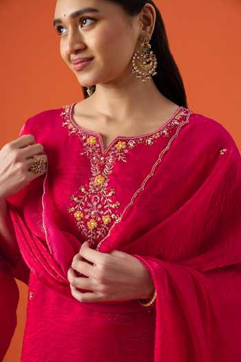 Shop_Khwaab By Sanjana Lakhani_Fuchsia Silk, Satin Hand Embroidered Straight Kurta Set 