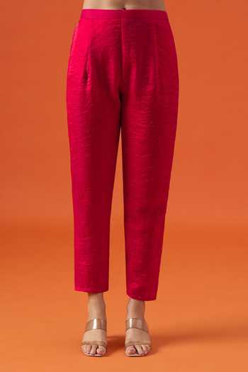 Khwaab By Sanjana Lakhani_Fuchsia Silk, Satin Hand Embroidered Straight Kurta Set _Online