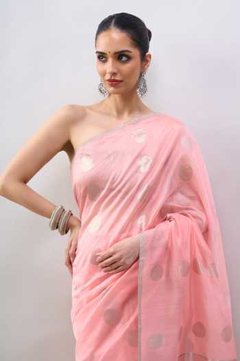 Shop_Mint N Oranges_Peach Chanderi Handwoven Pure Saree With Running Blouse _Online_at_Aza_Fashions
