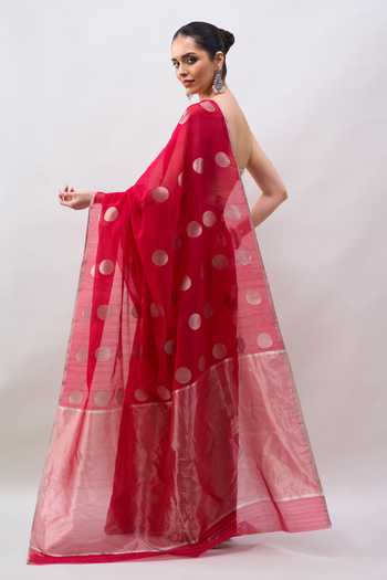 Shop_Mint N Oranges_Red Chanderi Handwoven Saree With Running Blouse _at_Aza_Fashions