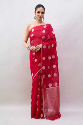 Mint N Oranges_Red Chanderi Handwoven Saree With Running Blouse _Online_at_Aza_Fashions