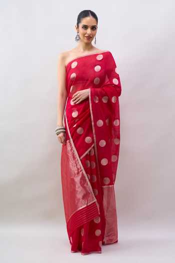 Buy_Mint N Oranges_Red Chanderi Handwoven Saree With Running Blouse _Online_at_Aza_Fashions