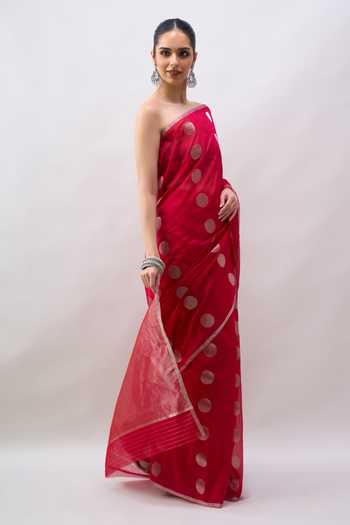 Mint N Oranges_Red Chanderi Handwoven Saree With Running Blouse _at_Aza_Fashions