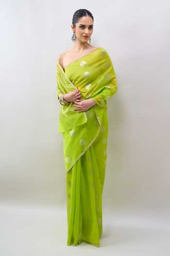 Buy_Mint N Oranges_Green Chanderi Polka Handwoven Saree With Running Blouse _Online_at_Aza_Fashions