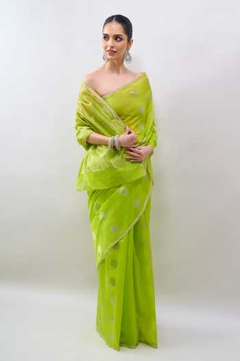 Shop_Mint N Oranges_Green Chanderi Polka Handwoven Saree With Running Blouse _Online_at_Aza_Fashions
