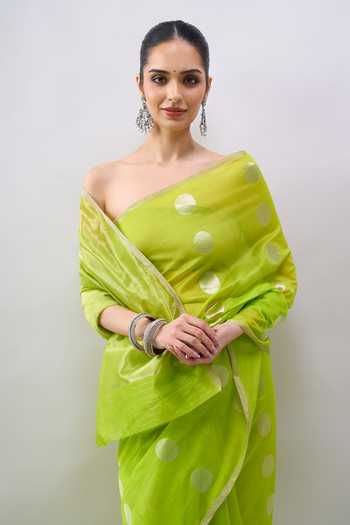 Mint N Oranges_Green Chanderi Polka Handwoven Saree With Running Blouse _at_Aza_Fashions