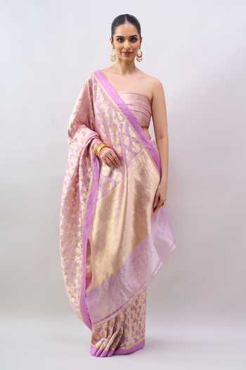 Shop_Mint N Oranges_Purple Tissue Zari Woven Saree With Unstitched Blouse Piece _Online_at_Aza_Fashions