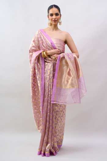 Mint N Oranges_Purple Tissue Zari Woven Saree With Unstitched Blouse Piece _Online