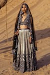 Buy_Karishma Khanduja Bareilly_Black Tussar V Neck Hand Embroidered Lehenga Set_at_Aza_Fashions