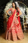 Kalighata_Red Raw Silk Embroidered Floral Sweetheart Neck Bridal Lehenga Set  _Online_at_Aza_Fashions