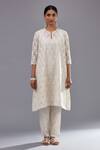 KORA_Off White Kurta And Dupatta  Cotton Chanderi Straight Pant Set  _Online_at_Aza_Fashions