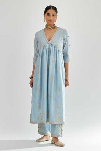 Kora_Blue , Chanderi, , Gota Patti, Anarkali Pant Set _Online_at_Aza_Fashions