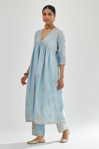 Buy_Kora_Blue , Chanderi, , Gota Patti, Anarkali Pant Set _Online_at_Aza_Fashions
