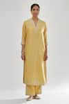 KORA_Yellow Kurta And Pant Silk Chanderi Embroidery Zari V Neck Set  _Online_at_Aza_Fashions