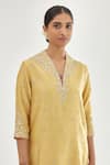 Shop_KORA_Yellow Kurta And Pant Silk Chanderi Embroidery Zari V Neck Set  _Online_at_Aza_Fashions