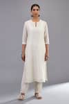 KORA_Off White Kurta  Silk Chanderi Embroidered Neck Straight Pant Set  _Online_at_Aza_Fashions