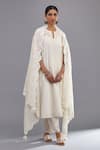 KORA_Off White Kurta  Silk Chanderi Embroidered Neck Straight Pant Set  _at_Aza_Fashions