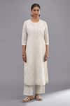 KORA_Off White Kurta  Handspun Handwoven Cotton Floral Straight Pant Set  _Online_at_Aza_Fashions