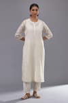 KORA_Off White Kurta And Dupatta  Cotton Chanderi Straight Pant Set  _Online_at_Aza_Fashions