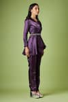 Aakaar_Purple Metallic Moss Crepe Embellished Crystals Peplum Top Pant Set With Belt _Online_at_Aza_Fashions