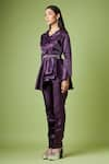 Buy_Aakaar_Purple Metallic Moss Crepe Embellished Crystals Peplum Top Pant Set With Belt _Online_at_Aza_Fashions