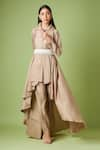 Aakaar_Beige Cotton Silk Embellished Pearl Collared Neck Draped Tunic And Pant Set _Online_at_Aza_Fashions