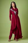 Aakaar_Maroon Cotton Silk Embellished Bead Shawl Collar Floral Blazer And Pant Set _Online_at_Aza_Fashions