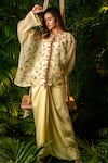 Buy_Pallavi Poddar_Yellow Organza Embroidery Thread And Pearls Round Garland Top & Draped Skirt Set _Online_at_Aza_Fashions